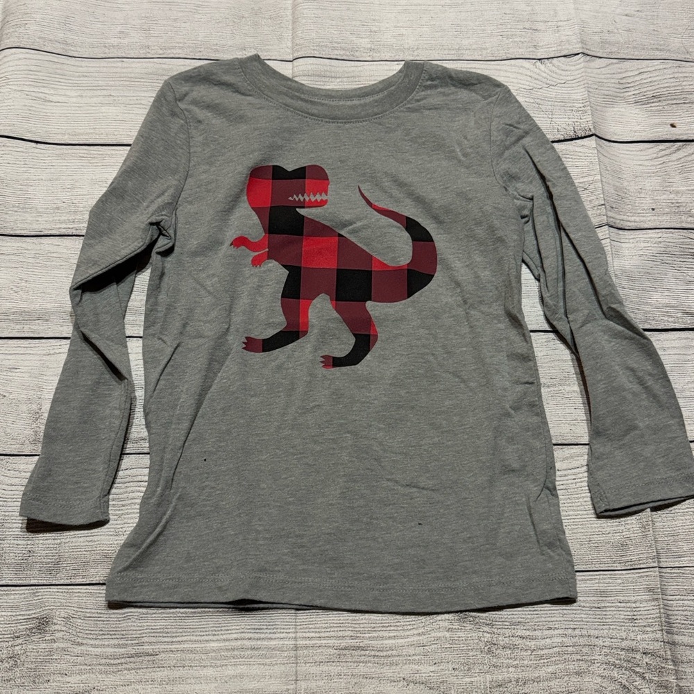 Cat & Jack Dinosaur Buffalo Plaid Gray Long Sleeve Shirt size 5T